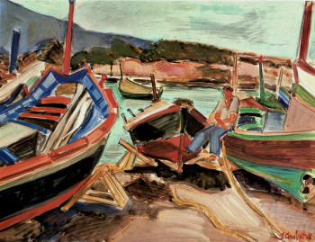 Œuvre contemporaine nommée « Pêcheur et barques-Algérie », Réalisée par JEAN CHABOT