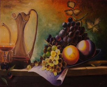 Œuvre contemporaine nommée « Fruit, Carafe de Vin et Partition sur Fond Marbré », Réalisée par BOUTIN