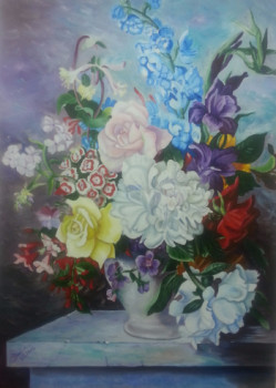 Œuvre contemporaine nommée « Bouquet de fleurs sur table marbré et fond Pastel », Réalisée par BOUTIN