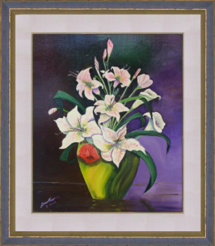 Œuvre contemporaine nommée « Bouquet de lys sur fond aux teintes violet & vert », Réalisée par BOUTIN