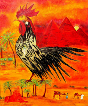 Œuvre contemporaine nommée « LE COQ ROI AU PIED DES PYRAMIDES », Réalisée par MARIE-FRANCE BUSSET