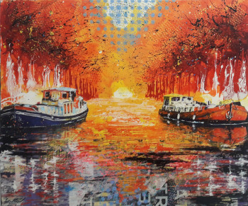 Œuvre contemporaine nommée « Peniches orange et bleue sur le Canal du Midi », Réalisée par JEAN-MICHEL CANAL