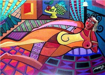 Œuvre contemporaine nommée « Faouzi MAAOUIA : « Nue sur lit en fer forgé  » AN 1997 - 120 x 100 titre », Réalisée par MAAOUIA