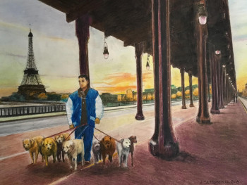 Œuvre contemporaine nommée « LA PROMENADE SUR LE PONT BIR-HAKEIM », Réalisée par JACQUES TAFFOREAU