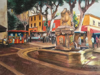 Œuvre contemporaine nommée « PLACE DU MARCHÉ ET SA FONTAINE 2 », Réalisée par JACQUES TAFFOREAU