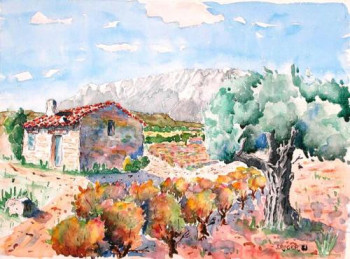 Œuvre contemporaine nommée « La Montagne Ste-Victoire peinte de Pourrières (Haut-Var) », Réalisée par ROGER J.