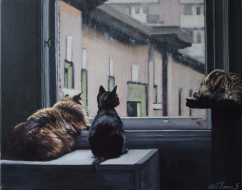 Œuvre contemporaine nommée « chats devant la fenêtre », Réalisée par ANNE-SOPHIE CORD'HOMME