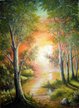 Œuvre contemporaine nommée « Le soleil se lève sur l'étang endormi. », Réalisée par JEHIN GéRARD