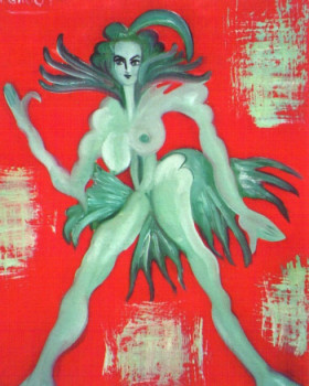 Œuvre contemporaine nommée « Femme verte sur fond rouge », Réalisée par JACQUELINE GROUT