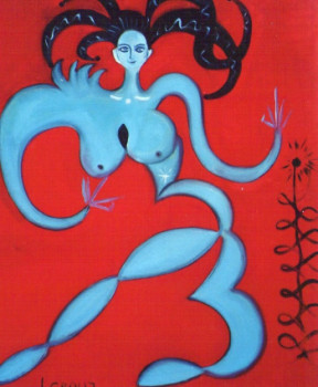 Œuvre contemporaine nommée « Femme bleue sur fond rouge », Réalisée par JACQUELINE GROUT