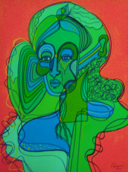 Œuvre contemporaine nommée « Portrait de femme verte sur fond rouge », Réalisée par JACQUELINE GROUT
