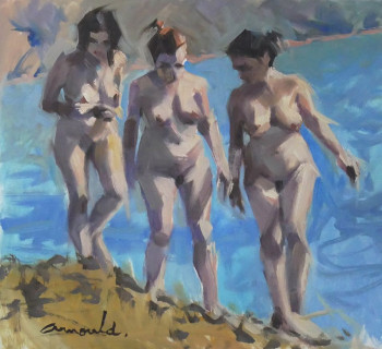 Œuvre contemporaine nommée « Trois naturistes à la plage (huile sur papier 46 x 38) », Réalisée par ARNOULD -