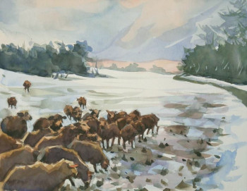 Œuvre contemporaine nommée « Moutons dans la neige (aquarelle 24 x 19). », Réalisée par ARNOULD   -