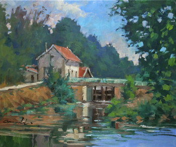 Œuvre contemporaine nommée « L'écluse de Flavigny (huile sur toile 55 x 46) », Réalisée par ARNOULD -