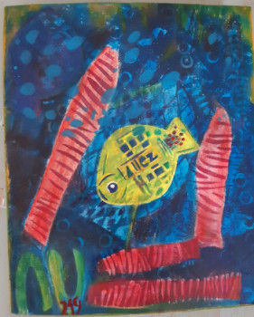 Œuvre contemporaine nommée « Allez, petit poisson jaune 219 (recto, 2019) », Réalisée par FAHIMA BOUBIA... NU