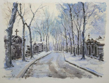 Œuvre contemporaine nommée « L'hiver au Père Lachaise (aquarelle 35 x 27) », Réalisée par ARNOULD -