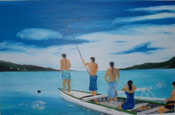 Œuvre contemporaine nommée « pêche aux cailloux à Tahiti », Réalisée par QUEM