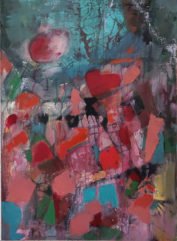 Œuvre contemporaine nommée « abstrait bleu et rouge », Réalisée par MARYSE DAVETTE