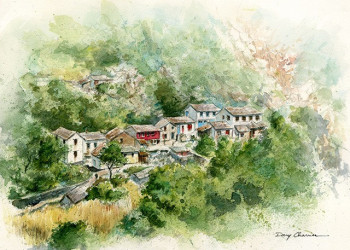Œuvre contemporaine nommée « Village  du Népal », Réalisée par DANY CHARRIER