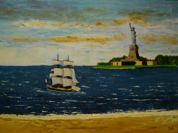 Œuvre contemporaine nommée « La statue de la Liberté saluant la venue de l'Hermione à New-York », Réalisée par PICH