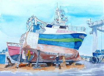 Œuvre contemporaine nommée « Chalutier EMMALUBA au carénage sur le Port de La Turballe 44 », Réalisée par DANIEL HUARD