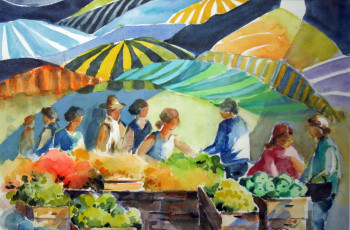 Œuvre contemporaine nommée « Sous les Parasols du Marché (20-002) », Réalisée par JACQUELINE PELON