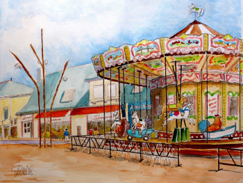 Œuvre contemporaine nommée « La Fraiseraie et le Carrousel à St-Michel-Chef-Chef », Réalisée par DANIEL HUARD