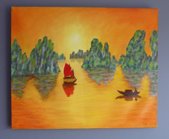 Œuvre contemporaine nommée « coucher de soleil sur la baie d'Along », Réalisée par COMBEMICHEL