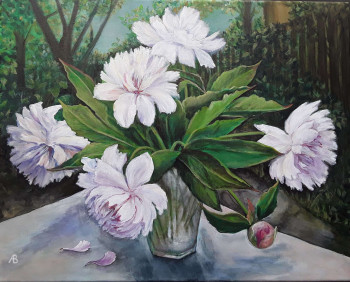 Œuvre contemporaine nommée « branche de Pivoine dans le jardin », Réalisée par ALEKSANDRA