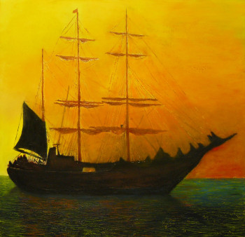 Œuvre contemporaine nommée « Picton Castle, barque à trois mâts au soleil couchant », Réalisée par PICH