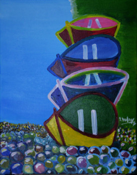 Œuvre contemporaine nommée « Les quatre barques sur les galets de Pourville-sur-Mer », Réalisée par JERôME DUFAY