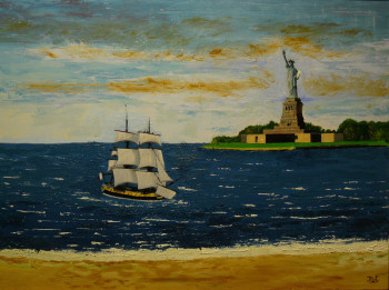 Œuvre contemporaine nommée « L'Hermione croisant la statue de la Liberté », Réalisée par PICH