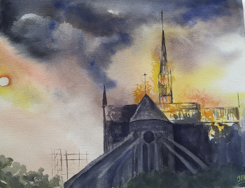 Œuvre contemporaine nommée « L'incendie à Notre Dame », Réalisée par JACQUES MASCLET