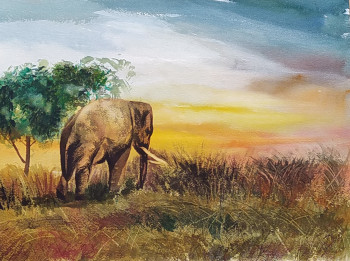 Œuvre contemporaine nommée « Crépuscule sur la savane », Réalisée par JACQUES MASCLET