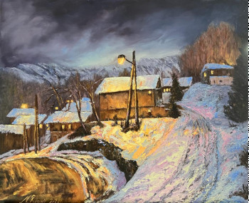 Œuvre contemporaine nommée « Nocturne hivernal dun village pyrénéen », Réalisée par NADYA RIGAILL