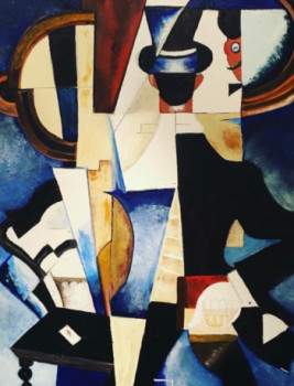 Œuvre contemporaine nommée « L’homme au miroir bleu », Réalisée par SYLVIE THIEBAUT