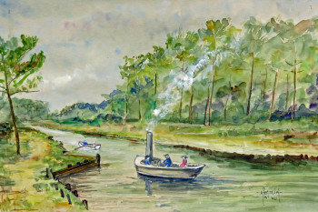 Œuvre contemporaine nommée « Canot à vapeur sur le canal de Cazaux », Réalisée par MICHEL HAMELIN