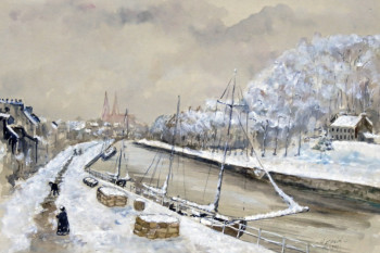 Œuvre contemporaine nommée « Neige sur le port de Quimper au XIX ème siècle », Réalisée par MICHEL HAMELIN