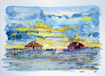 Œuvre contemporaine nommée « Cabanes tchanquées sur le bassin d'arcachon », Réalisée par MICHEL HAMELIN