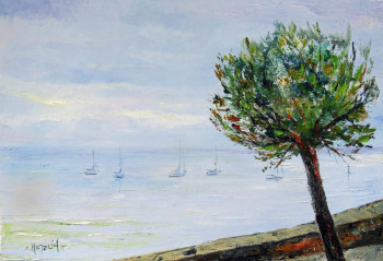 Œuvre contemporaine nommée « Pin et brume sur le bassin d'Arcachon », Réalisée par MICHEL HAMELIN