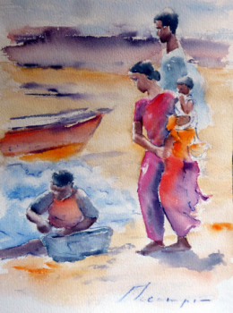 Œuvre contemporaine nommée « Plage des pêcheurs à Mamallapuram_1 », Réalisée par LECAMPION FRANçOISE