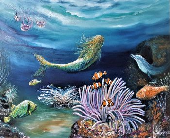 Œuvre contemporaine nommée « Sirène et les poissons clowns », Réalisée par SYRèNE