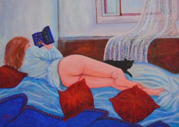 Œuvre contemporaine nommée « Nu lisant le livre bleu des Amours Célestes », Réalisée par MICHEL BOETTCHER