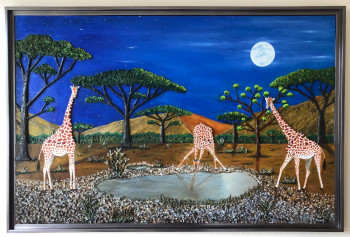 Œuvre contemporaine nommée « Girafes au clair de lune 3 ( Le baiser de «  l’eau de là «  … ) », Réalisée par FRANK