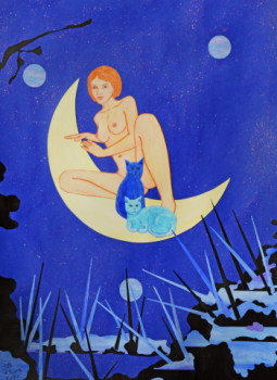 Œuvre contemporaine nommée « "Athécia et ses chats sur un croissant de lune" », Réalisée par MICHEL BOETTCHER