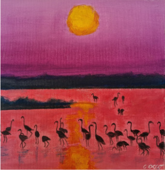 Œuvre contemporaine nommée « Flamants au couchant », Réalisée par CATY OCCO