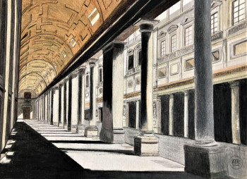 Œuvre contemporaine nommée « Galerie des offices à Florence », Réalisée par PIRDESSINS