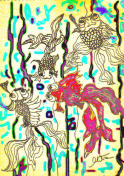 Œuvre contemporaine nommée « Croquis de poissons flottant sous la lumière. », Réalisée par MITRA SHAHKAR