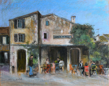 Œuvre contemporaine nommée « café de la place à Eygalières », Réalisée par CORINNE QUIBEL