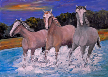 Œuvre contemporaine nommée « chevaux au galops en Camargue », Réalisée par MARC LEJEUNE